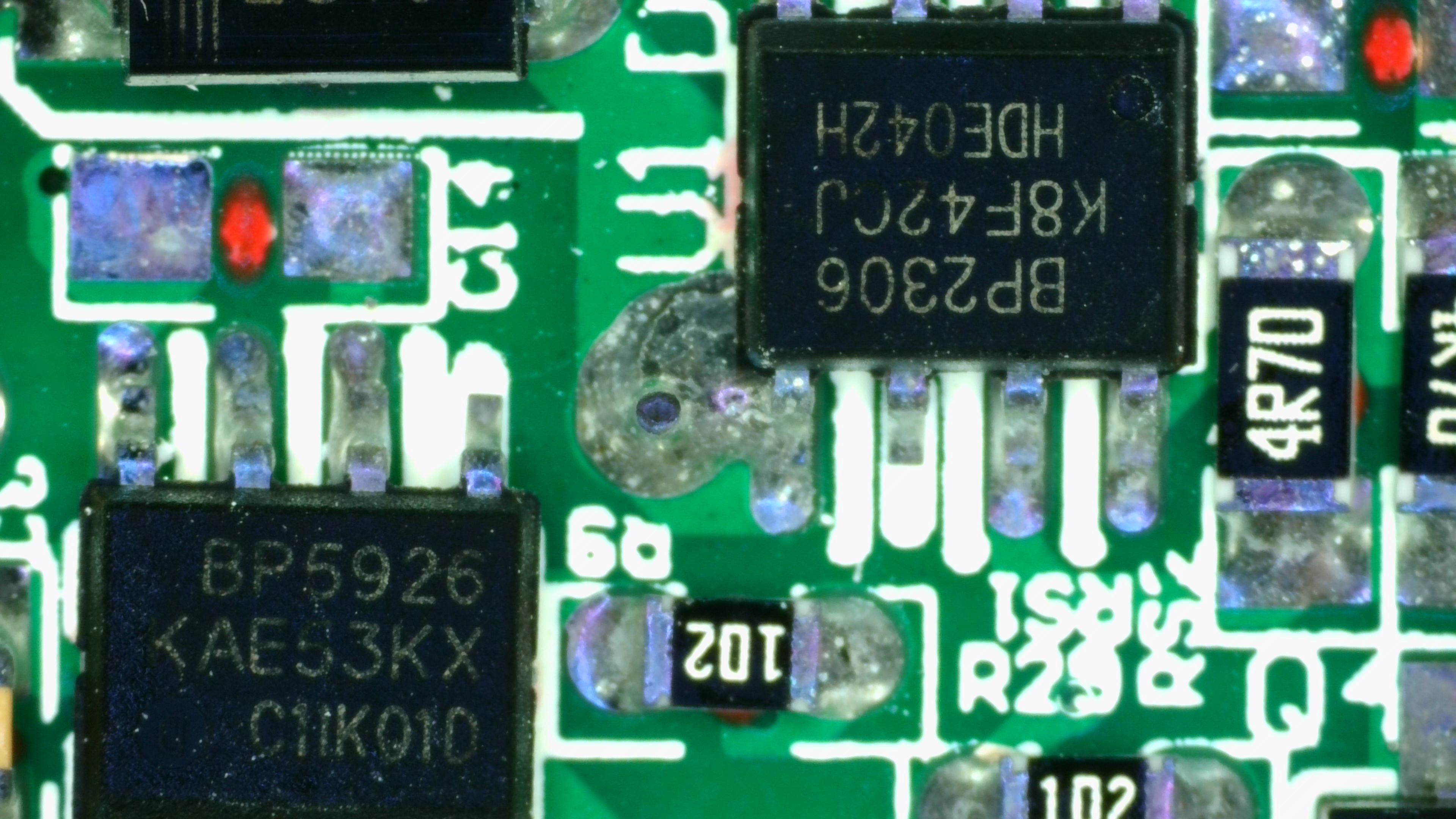 close up of a pcb with the chips mentioned